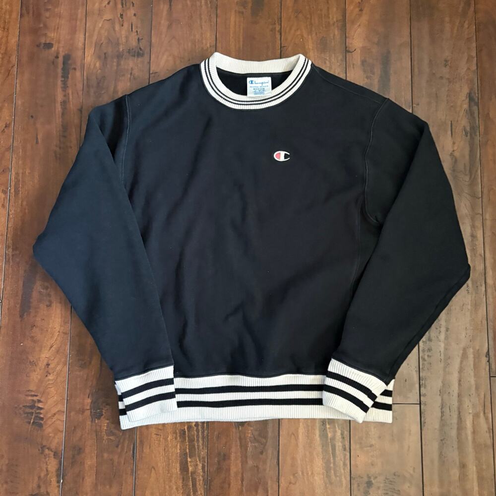 Vintage Champion Reverse Weave Sweatshirt Mens M Black White Varsity Stripes